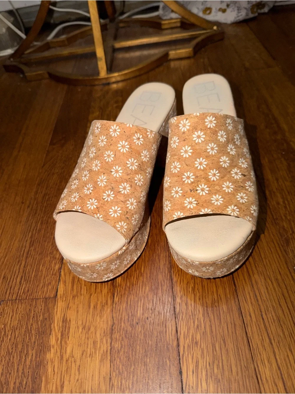 Tan Floral Platform Slide Sandals